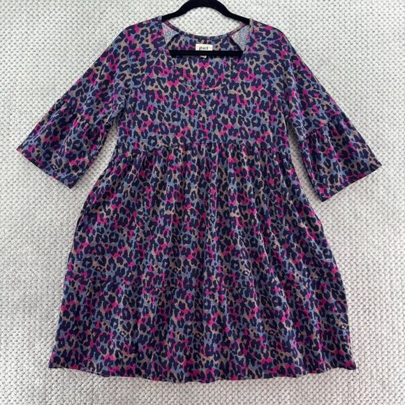 Pact Dress Womens S Purple Chetah Scoop Neck Elbow Flare Sleeve Knee Length - Picture 1 of 15